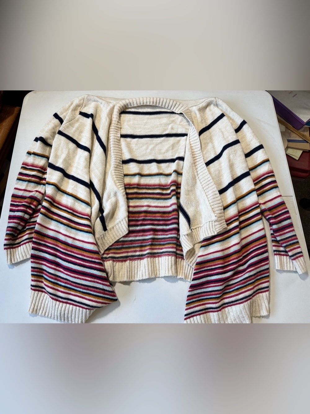 Pink Rose Striped Open-Front Cardigan in Cream, Navy and Berry